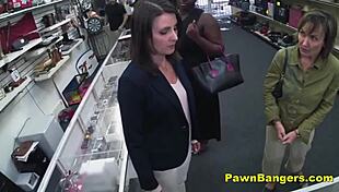 Customer spreads legs on desk takes massive cock deep in hairy milf pussy for cash