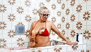 latina milf shoves dildo in pussy then pisses in bathroom solo trailer