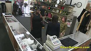 Customer spreads legs on desk takes massive cock deep in hairy milf pussy for cash