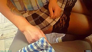 ex-gf in panties gives sneaky handjob to classmate under desk during lesson