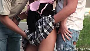 whoa tiny girl takes two huge cocks public street pounding