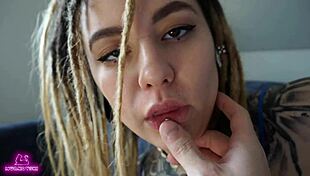 blue-eyed tattooed dreadlock fairy with big natural tits rides cock missionary moaning wet