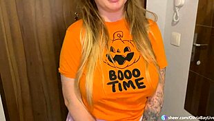 big ass busty blonde olivia bay rides rough on halloween in sexy pumpkin costume