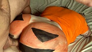big ass busty blonde olivia bay rides rough on halloween in sexy pumpkin costume