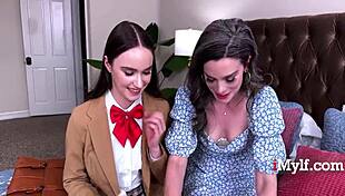 Les music teacher licks hot teen student's shaved pussy