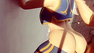 chun li squirts rough anal in bathroom sneaky fuck session!