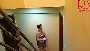 depraved maid regina noir flashes huge pussy lips while cleaning stairs voyeur style