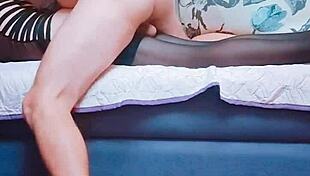 Homemade milf couple rides big fat monster cock fetish in lingerie stockings