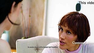 Stepdaughter rides stepmom dildo while social worker quizzes her love