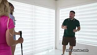 Three Spandex-Clad Hotties Share Golf Trainer's Hard Cock in Wild Group