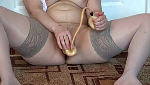 Gaping hairy holes stretch wildly in stockings bliss