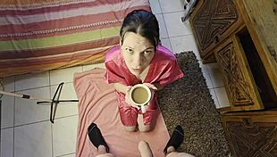 slut deepthroats gags then swallows cum into morning coffee