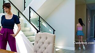 Stepdaughter rides stepmom dildo while social worker quizzes her love