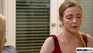 curious teacher with small tits dives into milf's shaved pussy