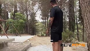 candy fly rides big cocks blindfolded in outdoor european threesome surprise