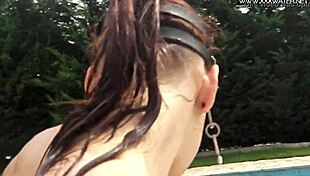 Poolside babe sucks hot cock