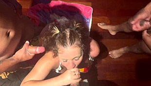 i'm dragging my cuckold hubby into a wild foursome with curvy amateurs deepthroating big cocks