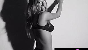 Sweet blonde Brittney Shumaker strips lingerie dances big tits natural during Playboy photoshoot undressing softcore.