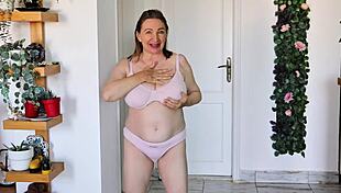 Granny teases wet folds with thick dildo slowly. Horny mature shaves smooth for solo pleasure toy play