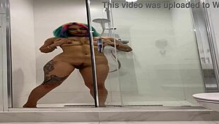 roxy fingers tight pussy desperately while naked in steamy shower