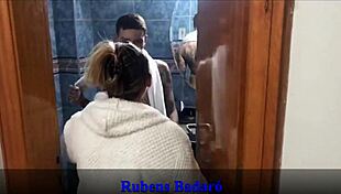 Latina Milf Rides Enteado's Monster Cock Doggystyle After Bath Peek in Sheer Red