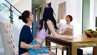 Stepdaughter rides stepmom dildo while social worker quizzes her love