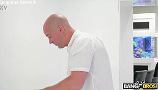 Brunette bends for creampie. Shaved pussy gets happiest ending fill.