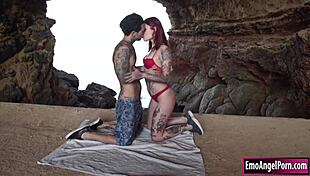 Tattooed redhead fucked hard by bf in cave! 🔥🍆