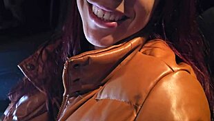 Redhead bookstore girl removes condom for creampie ride in car