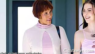 Stepdaughter rides stepmom dildo while social worker quizzes her love