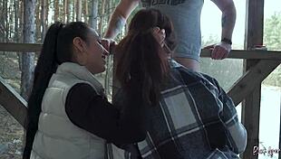 Public vacation threesome where we suck his huge cock together