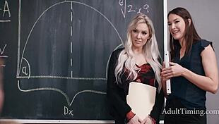 guy caught jerking to teacher's chalkboard boobs rides lesbian milf duo bed!