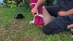 Stroke her filthy outdoor socks hard now!