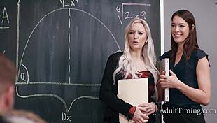 guy caught jerking to teacher's chalkboard boobs rides lesbian milf duo bed!