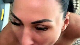 cute brunette milf fucked doggystyle on kitchen counter swallows cum