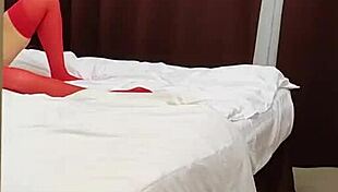 Milf in red stockings rides mature meat doggystyle bent over hardcore