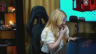 tiny panty teen bends over podcast table flashing wet pussy super horny 🔥