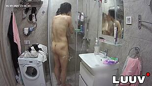 luuv's webcam couple flashes shaved pussies in steamy shower thrill