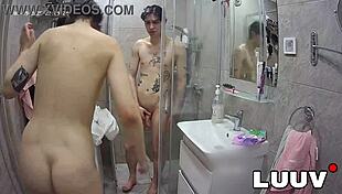 luuv's webcam couple flashes shaved pussies in steamy shower thrill