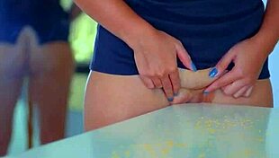 table corner slides deep into hot pussy for intense fun