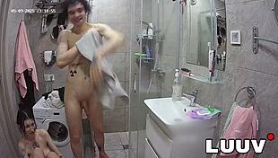 luuv's webcam couple flashes shaved pussies in steamy shower thrill