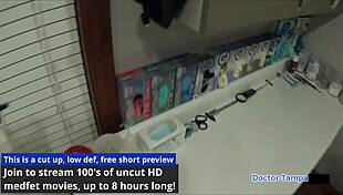 Dr. Tampa Handcuffs Busty Long-Haired Naomi Alice in Latex Gloves Backstage