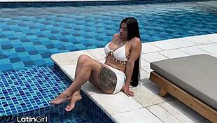 pov with beautiful colombian latina milf silvana lee by pool: cowgirl rides your cock, footjob, then doggystyle her huge ass and wet pussy.