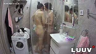 luuv's webcam couple flashes shaved pussies in steamy shower thrill