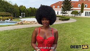 Debt pays with shaved ebony pussy on hard cock outdoor