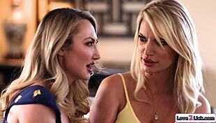 Two stepmoms share stepdaughter licking shaved pussies in hot 3some muff diving