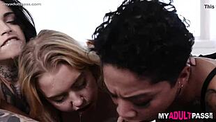 hardcore goth tattooed foursome swallows cum in intense group cock pounding