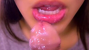 amateur chick gives sloppy close up blowjob on camera