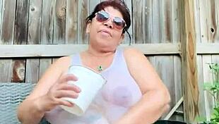 her BIG TITS pop through soaked wet shirt pussy tease