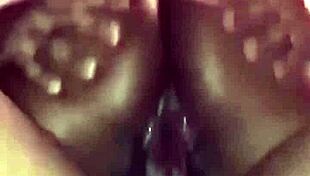 ebony babe rides big black cock cowgirl creampie keeps bouncing cum covered